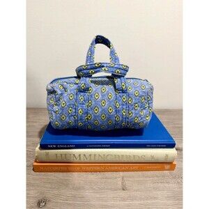 Cotton quilted mini duffle shoulder bag cornflower blue and yellow pattern